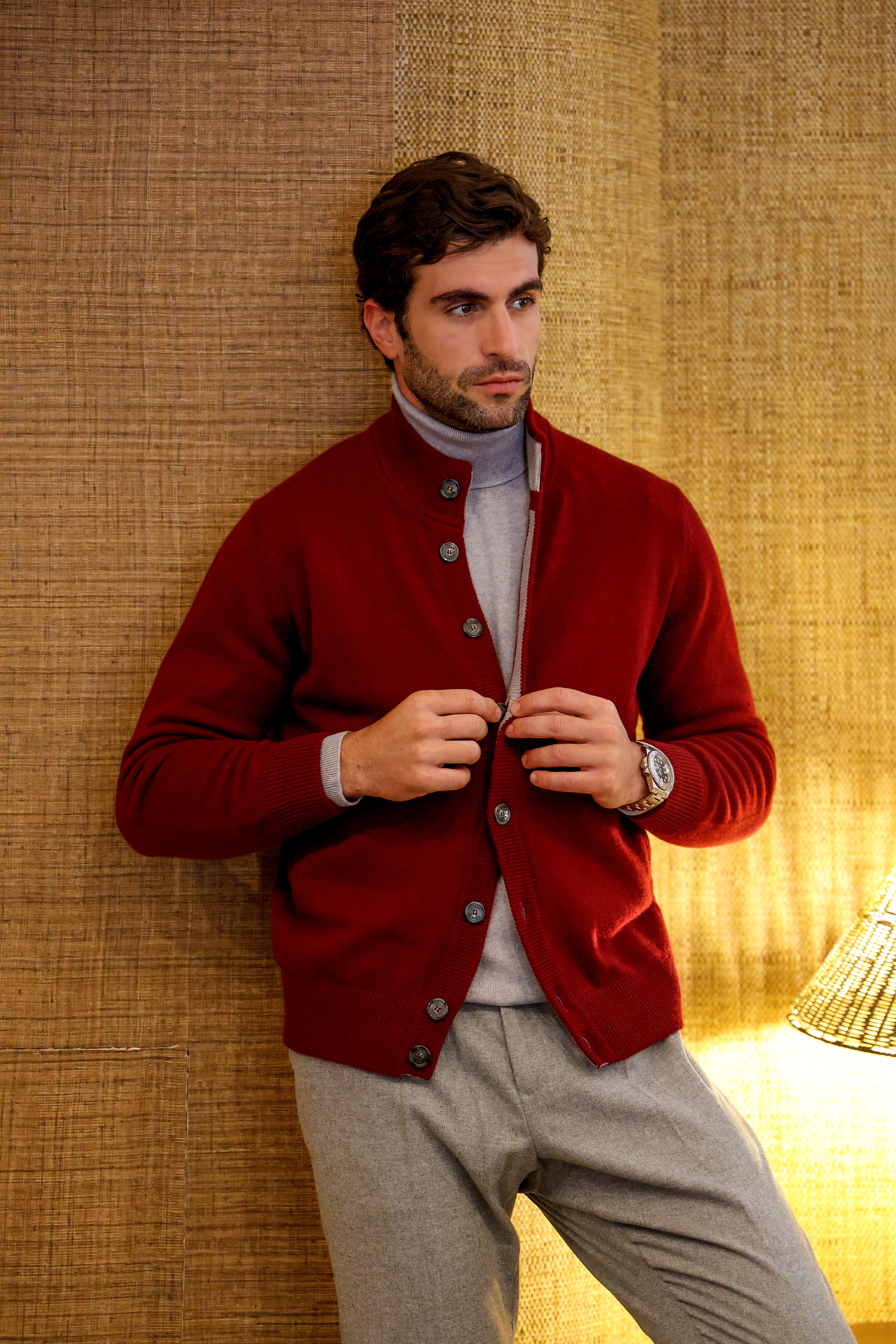 Cardigan uomo 100% cashmere Made in Italy colore bordeaux.