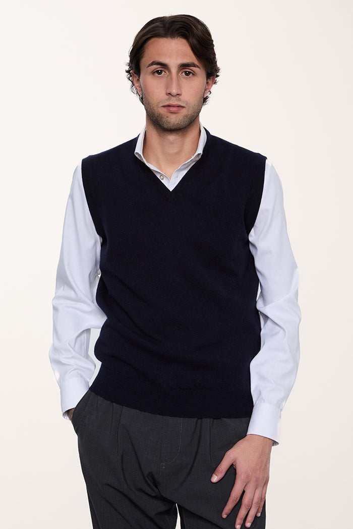 Gilet con scollo a V in puro cashmere da uomo, sottogiacca color blu Navy.