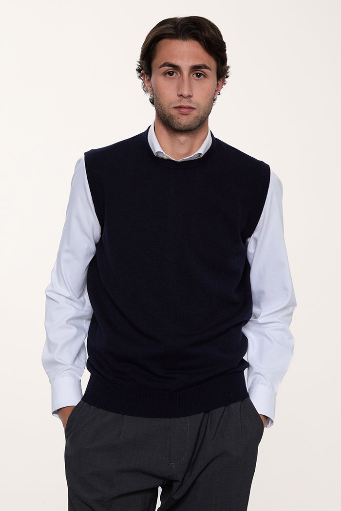 Gilet girocollo in cashmere da uomo color blu Navy.