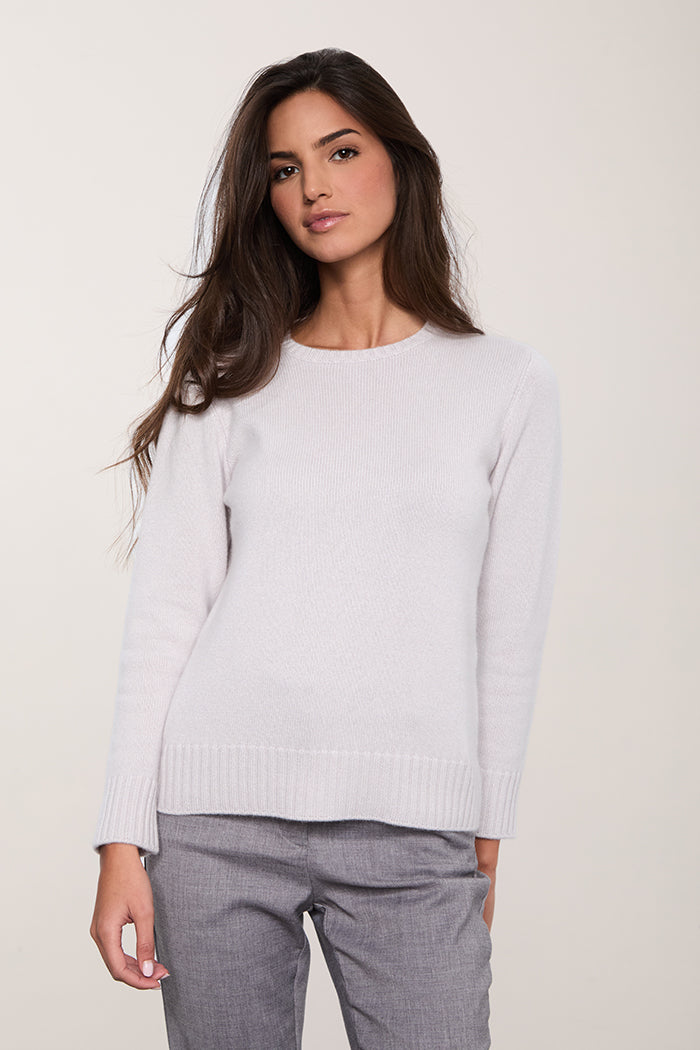 Maglione girocollo in cashmere donna made in Italy, color ghiaccio.