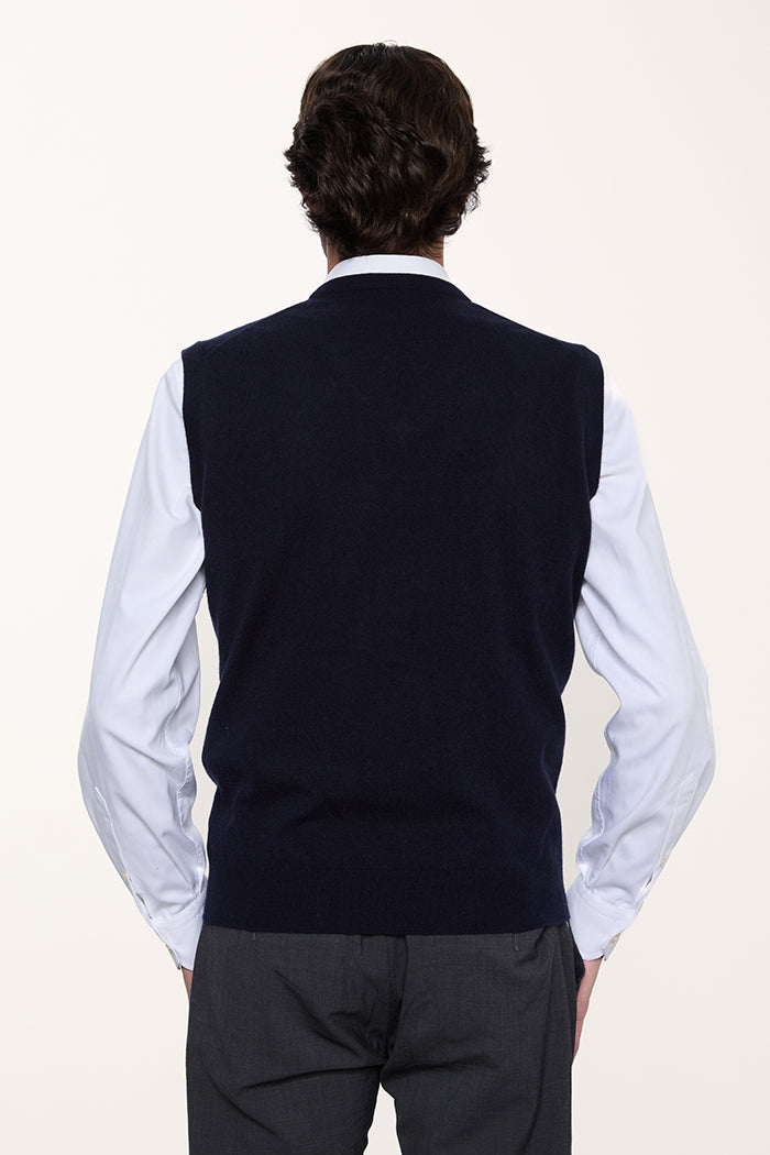 Foto retro gilet in puro cashmere da uomo, maglieria made in Italy, colore blu Navy.