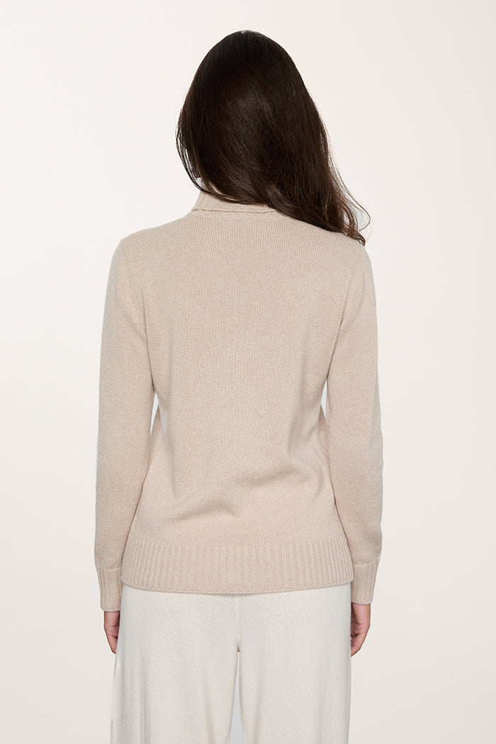 Maglione a collo alto doppio filo in puro cashmere colore beige da donna