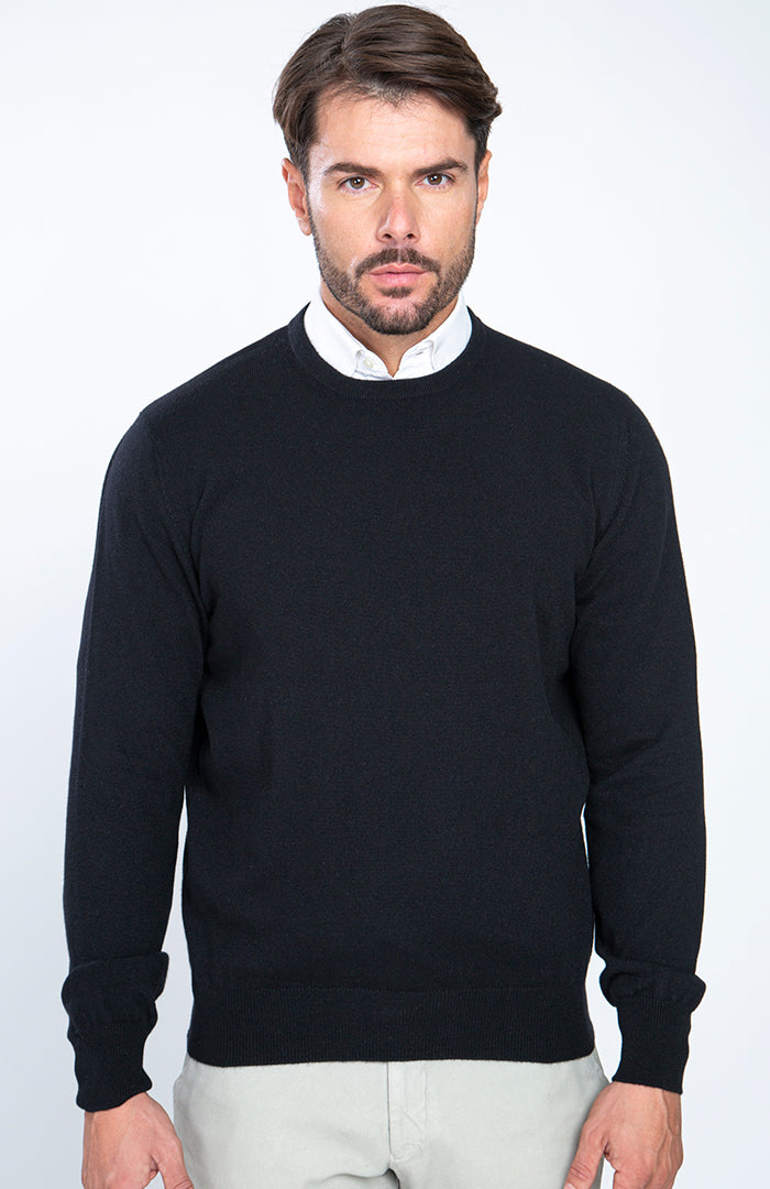 Girocollo 1 filo in puro cashmere color nero, frontale.