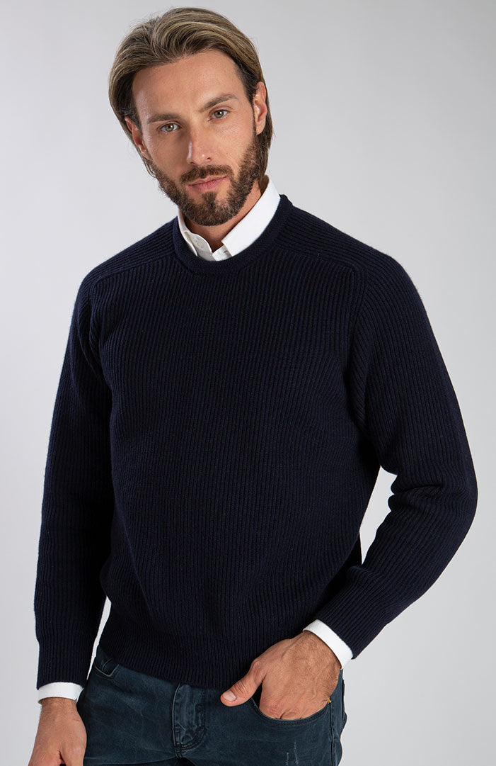 Girocollo maglia inglese in puro cashmere color blu navy, davanti.