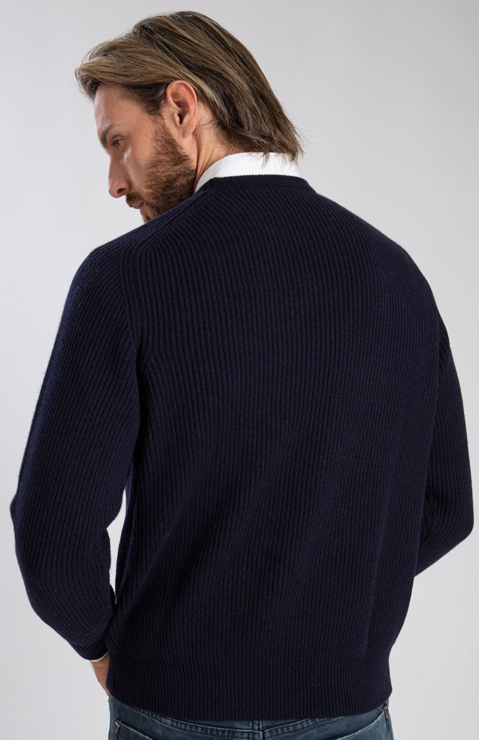 Girocollo maglia inglese in puro cashmere color blu navy, dietro.
