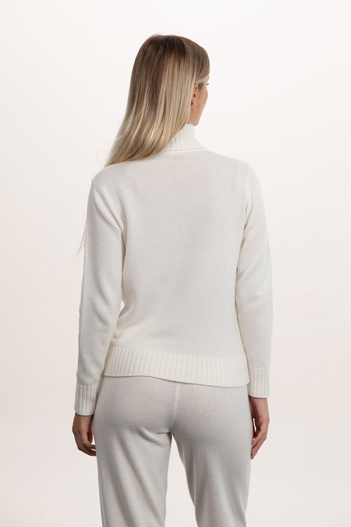 Collo alto doppio filo cashmere 100% cashmere donna bianco retro