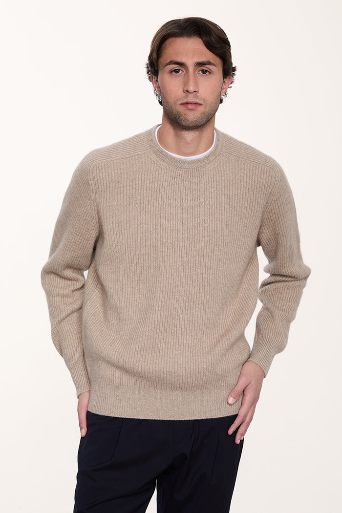 Cashmeren Maglione Uomo 100% Puro Cashmere - Girocollo Manica Lunga, Filato A 2 Strati, Anti-Pilling, Colore Naturale