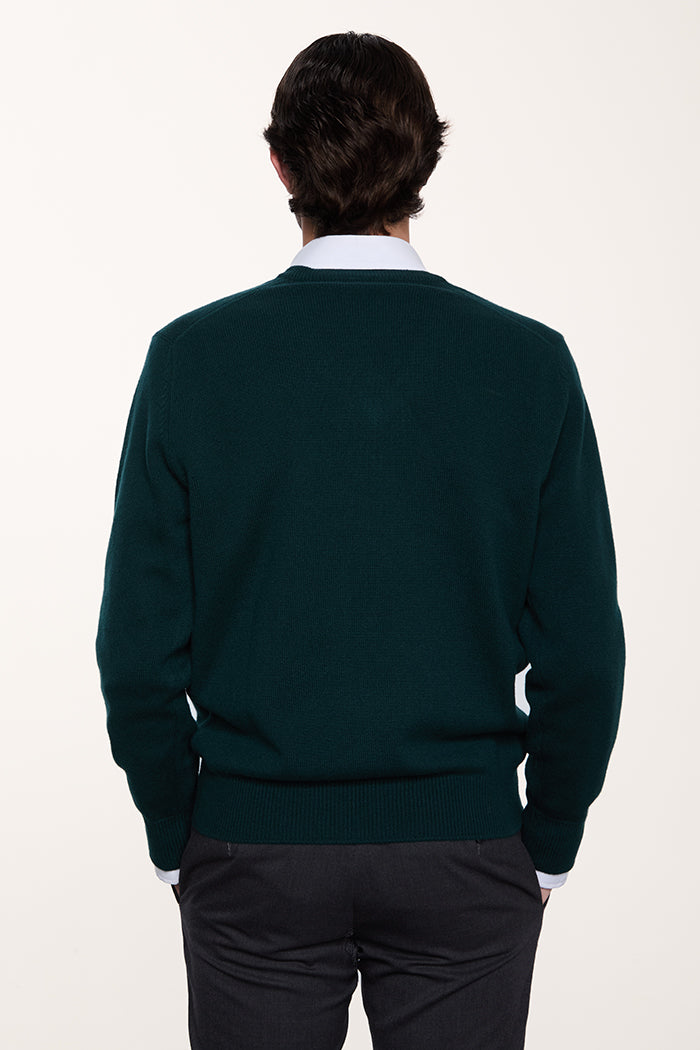 Maglione scollo a v in puro cashmere da uomo colore verde bosco.