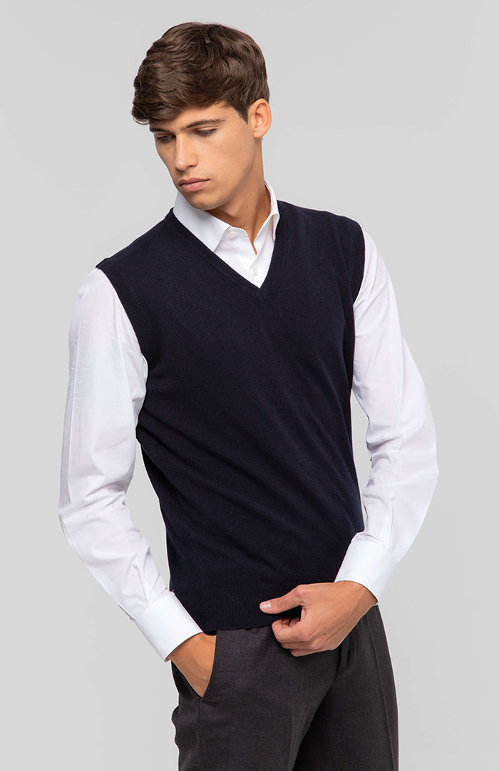 Gilet v in puro cashmere da uomo, blu Navy.