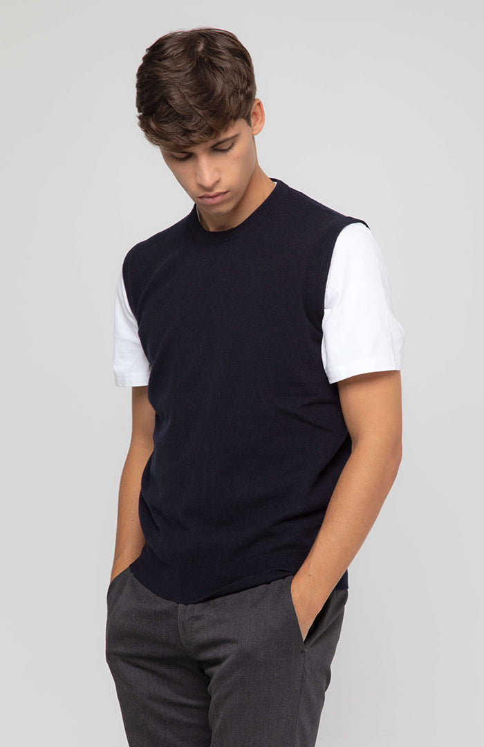 Gilet girocollo in puro cashmere blu Navy.