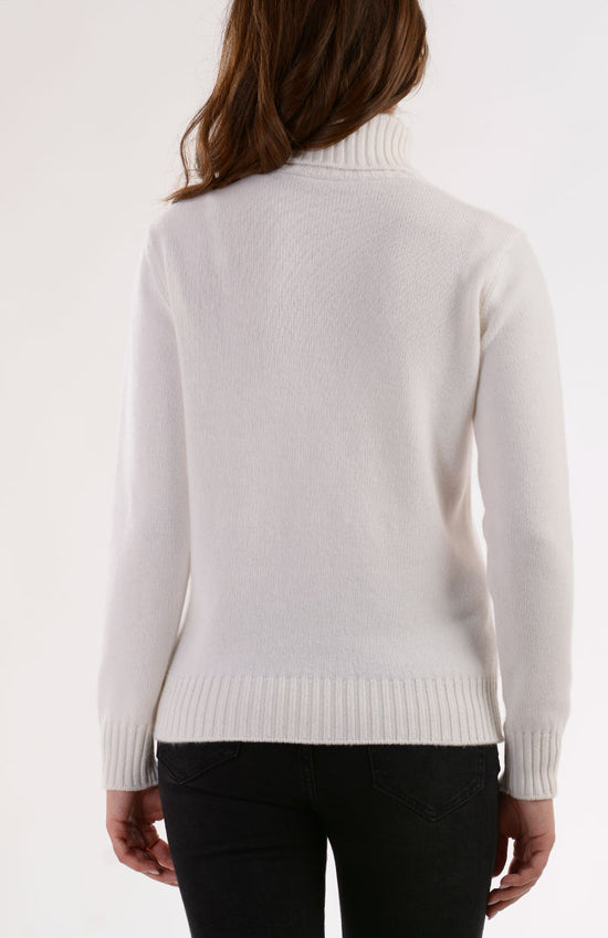 Maglione collo alto doppio filo 100% cashmere, colore bianco, dietro.