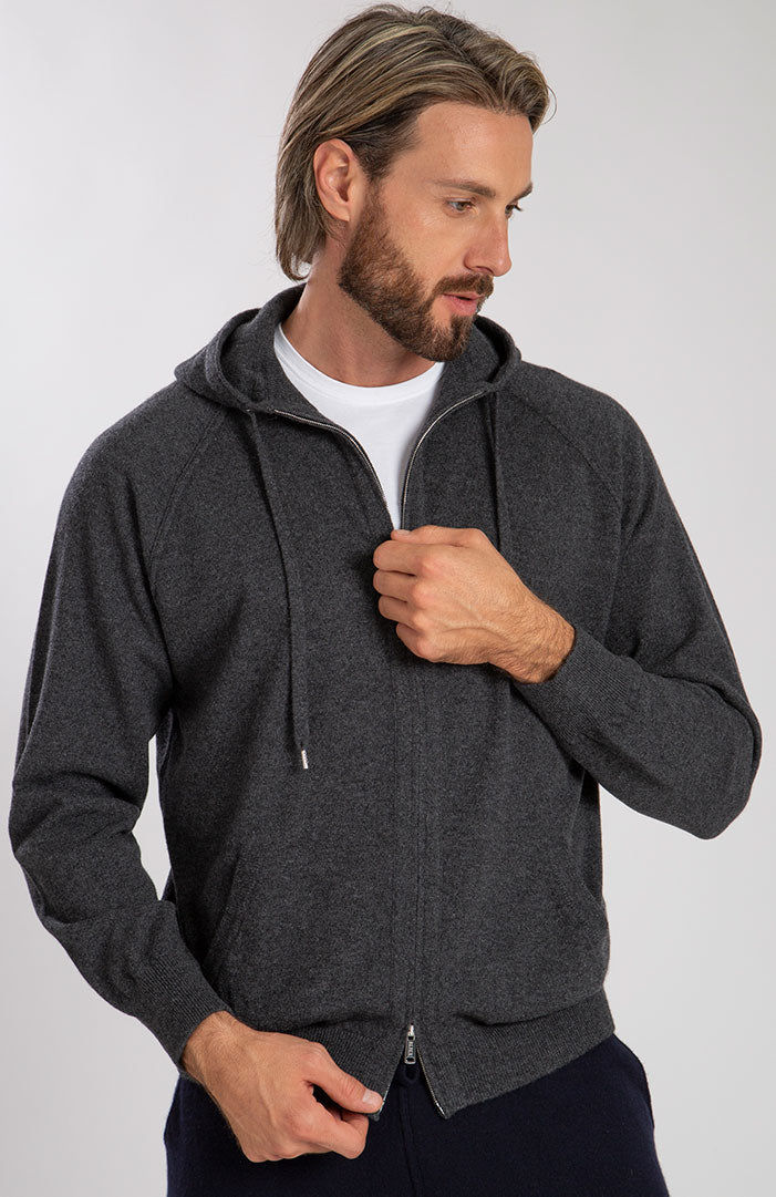 Felpa con cappuccio in puro cashmere full zip, color grigio scuro, davanti.