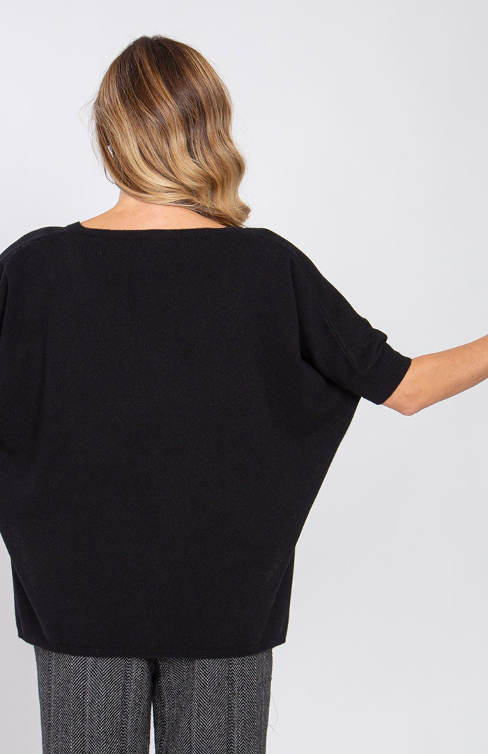 Maxi maglia scollo v in puro cashmere color nero, dietro.